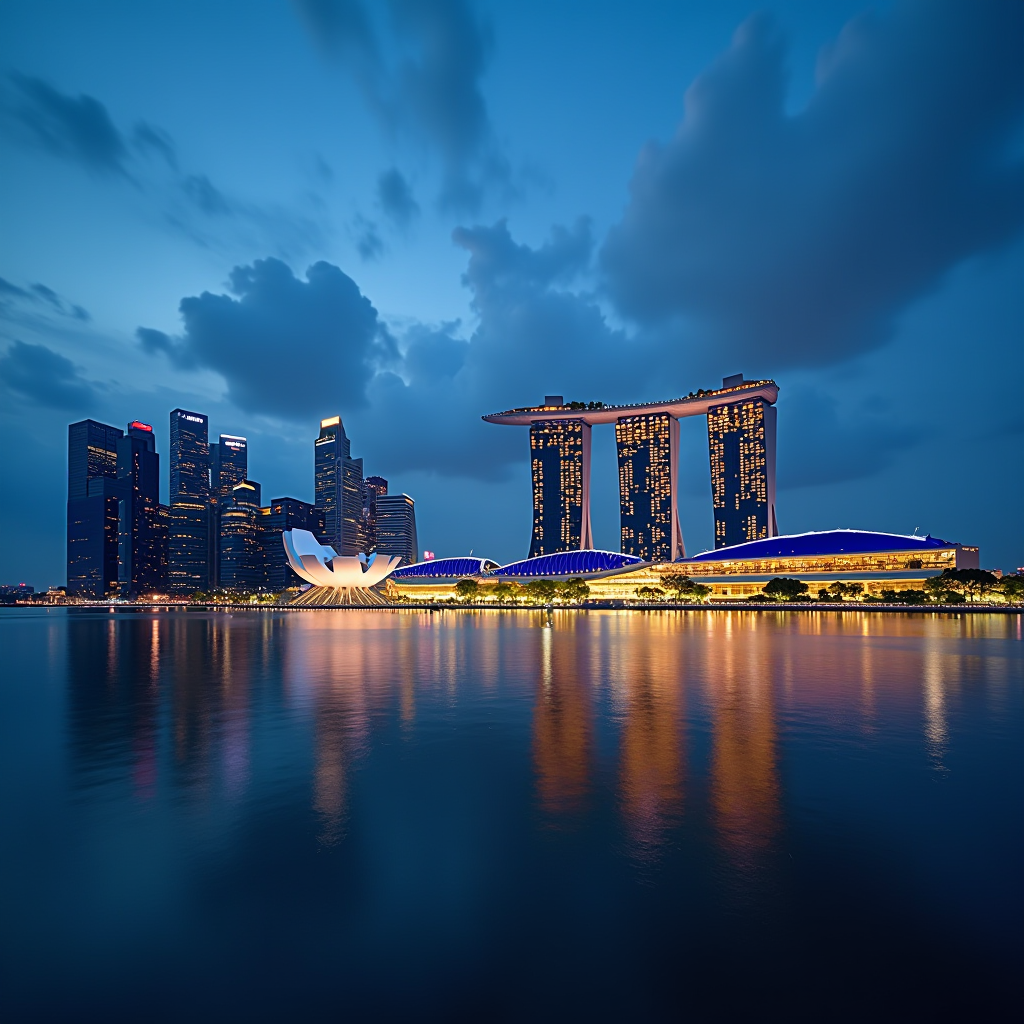Singapore skyline at dusk showing Marina Bay financial district with modern skyscrapers, illuminated buildings reflecting on water, representing the dynamic business and urban landscape of Singapore