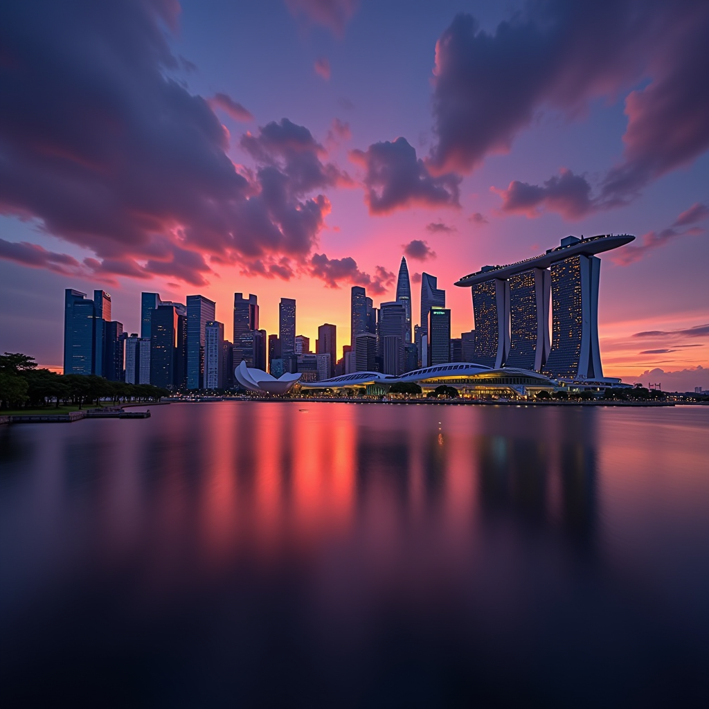 Panoramic view of Singapore's modern skyline at dusk, featuring illuminated skyscrapers of Marina Bay financial district, reflecting in calm harbor waters with dramatic purple and orange sunset sky