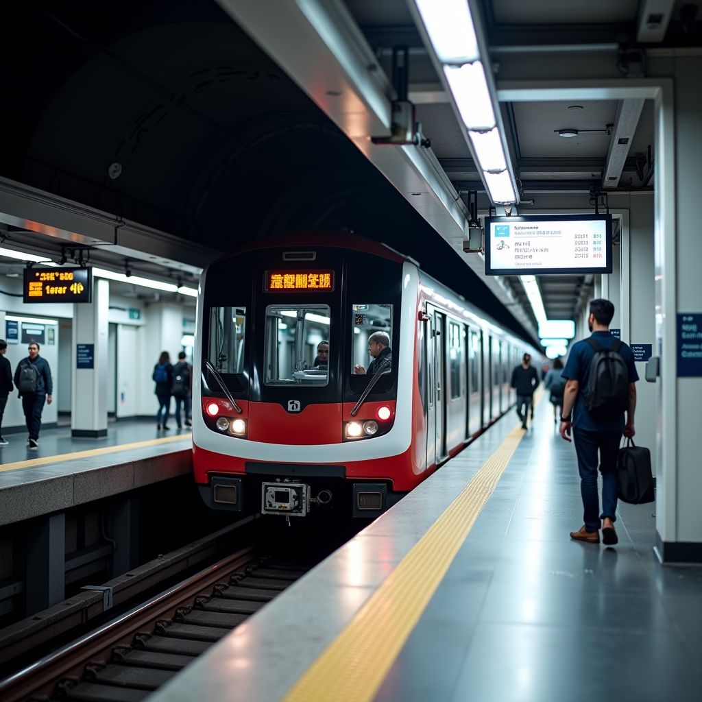 Modern MRT train arriving at a newly upgraded station platform with digital displays showing route information and passengers waiting, showcasing Singapore's advanced public transportation infrastructure