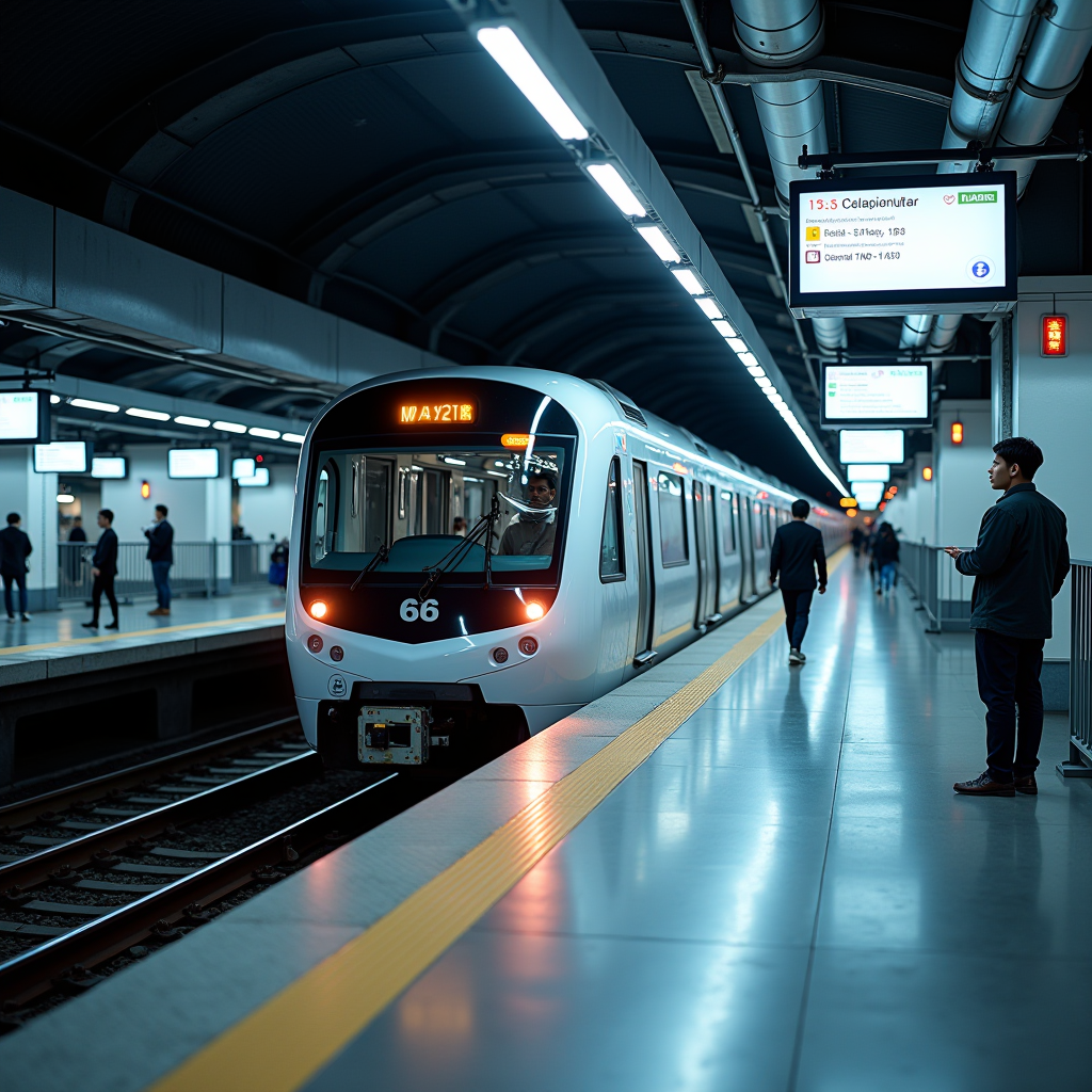 Modern MRT train arriving at a newly upgraded station platform with digital displays showing real-time information, passengers waiting behind safety barriers, bright LED lighting, and contemporary architectural design featuring glass and steel elements
