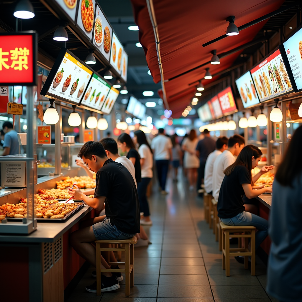A vibrant Singapore hawker center showing traditional food stalls alongside modern digital payment terminals and QR code displays, with diverse crowds of people dining and ordering food
