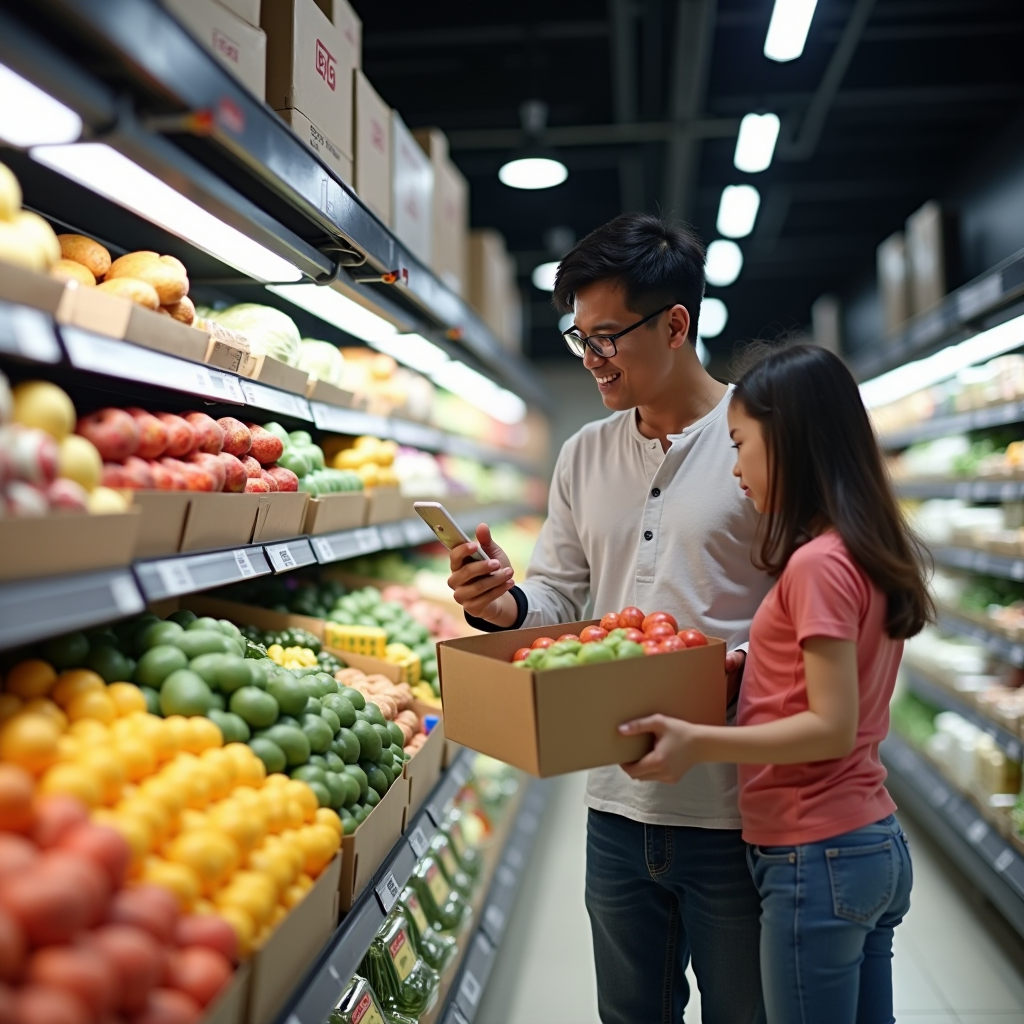 Singapore family shopping at local supermarket, carefully examining grocery prices and comparing products on shelves, realistic indoor lighting