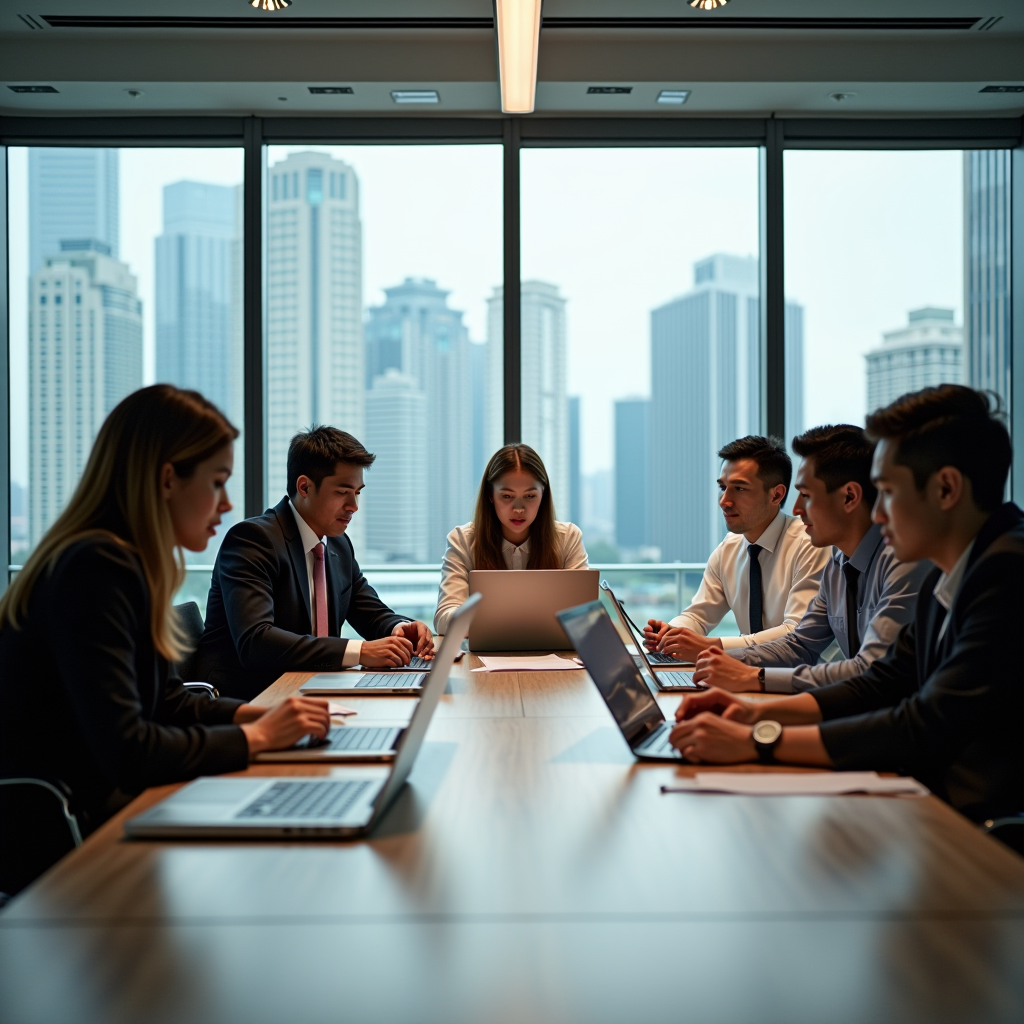 Modern Singapore office environment with diverse team of professionals collaborating around a conference table with laptops and documents, natural lighting through large windows, representing business and innovation culture