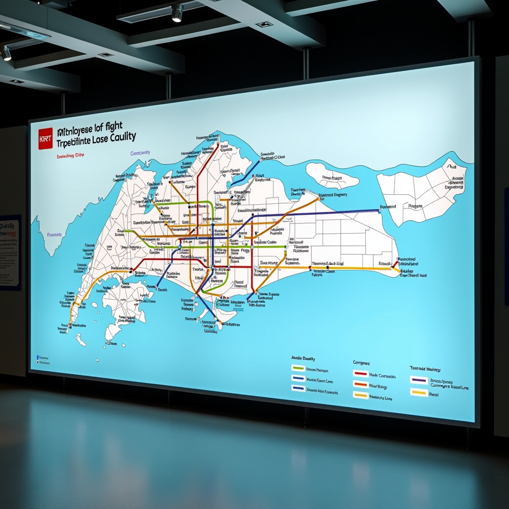 Large digital display showing Singapore's expanded MRT network map with color-coded lines including the new Thomson-East Coast Line and future Cross Island Line routes, interchange stations marked clearly, and surrounding neighborhood names labeled in English