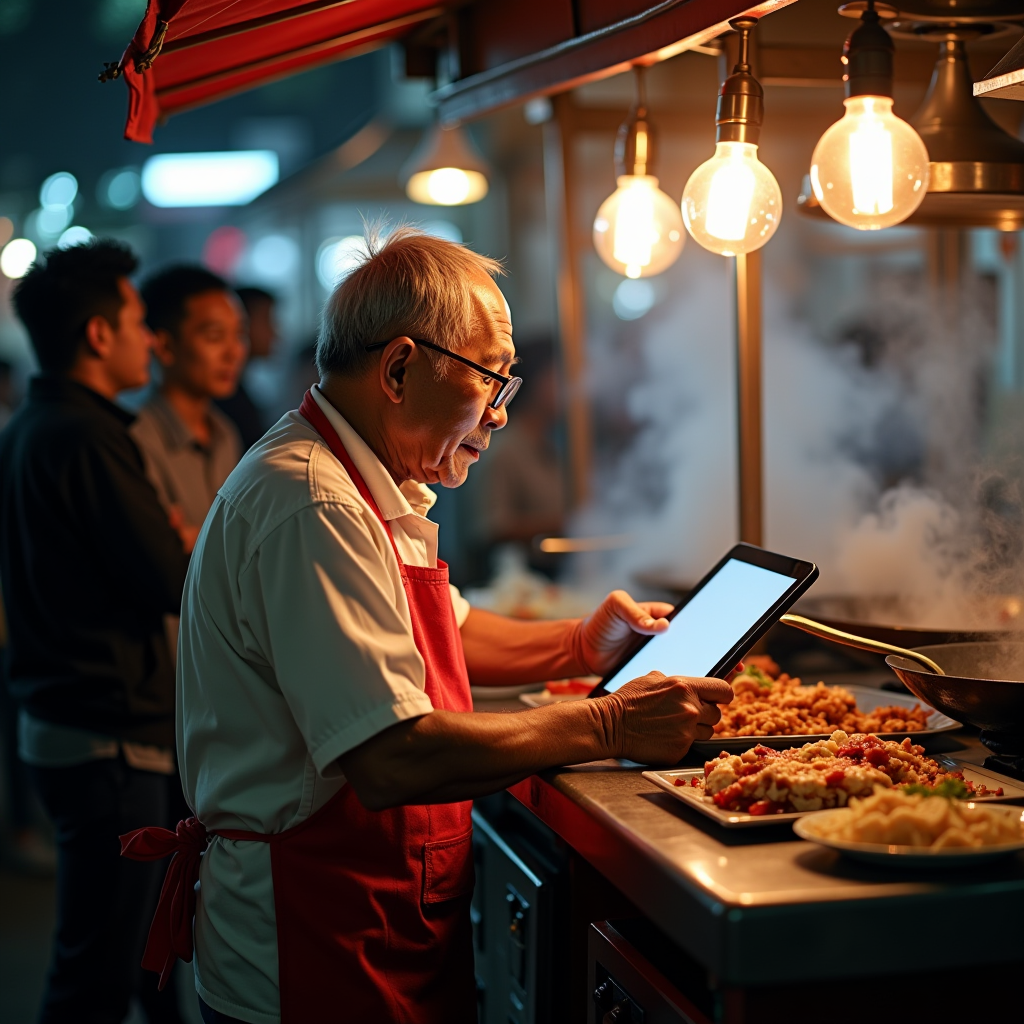 An elderly hawker vendor at a traditional food stall using a tablet device to take orders, with steam rising from cooking woks in the background and customers waiting