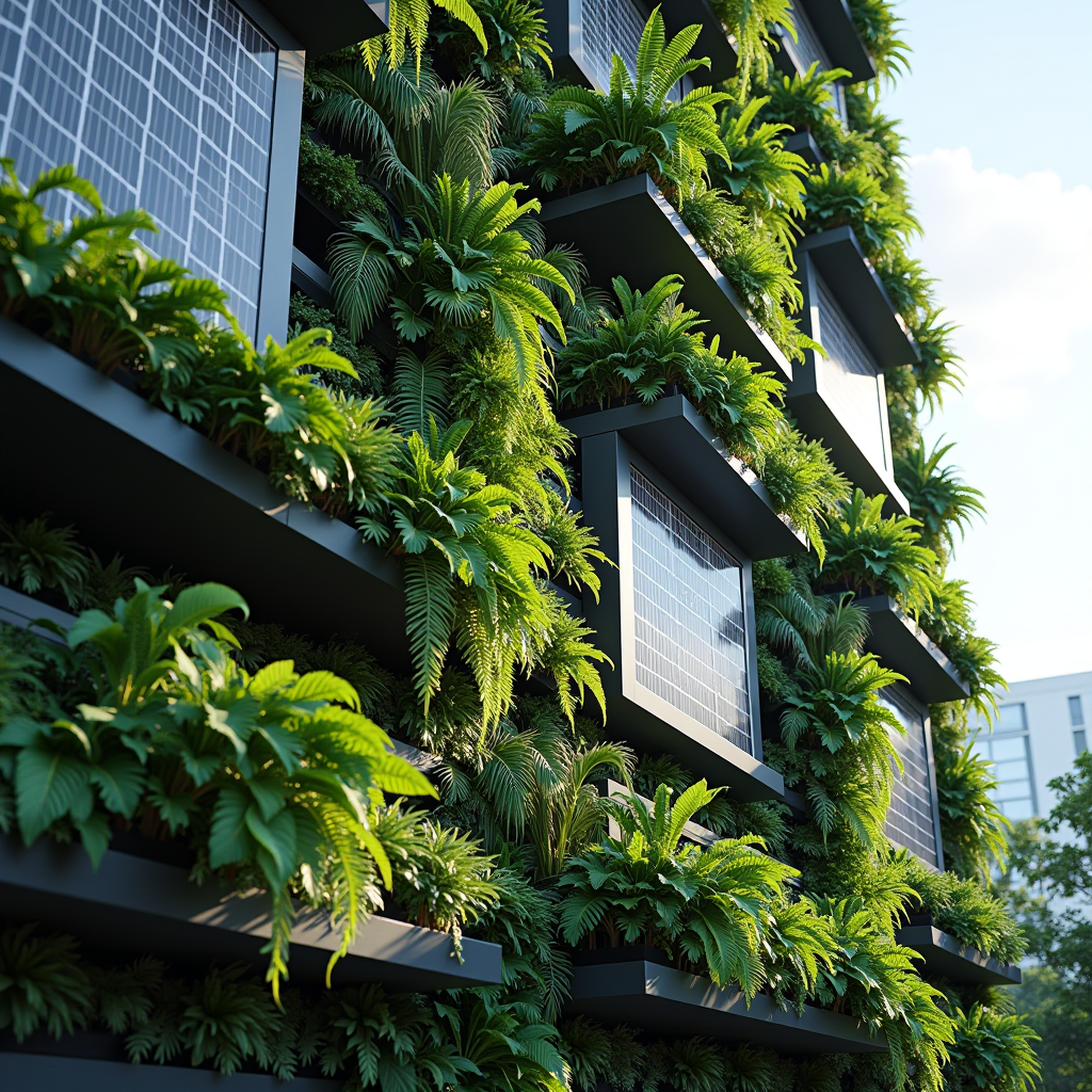 Close-up view of a modern Singapore building facade covered with vertical gardens, featuring native tropical plants, automated irrigation systems, and integrated solar panels between green sections