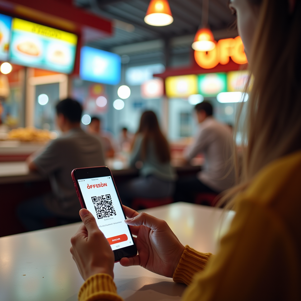 A customer sitting at a hawker center table scanning a QR code with their smartphone, with colorful food stalls visible in the background and other diners around
