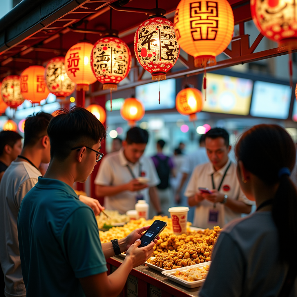 Busy Singapore hawker center with traditional food stalls featuring modern QR code menu displays and mobile payment terminals, customers using smartphones to order while maintaining the vibrant cultural atmosphere
