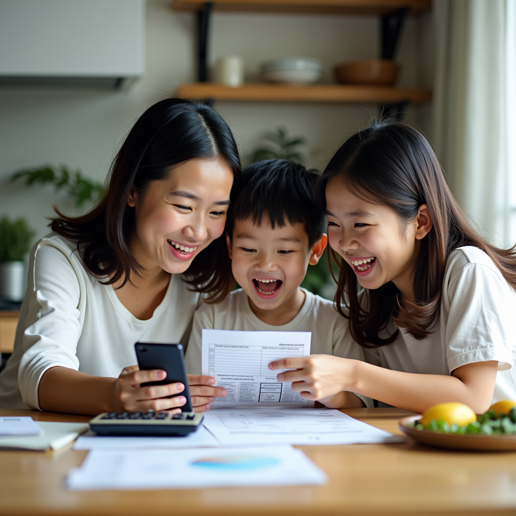 Singapore family reviewing grocery receipts and bills at kitchen table with calculator and smartphone showing expense tracking app, illustrating household budget management