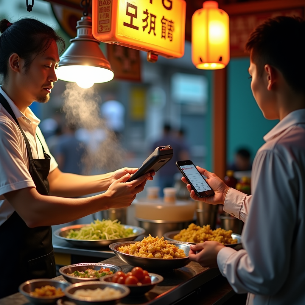 A hawker vendor holding a mobile payment terminal while a customer taps their smartphone to pay, with traditional cooking equipment and ingredients visible in the stall