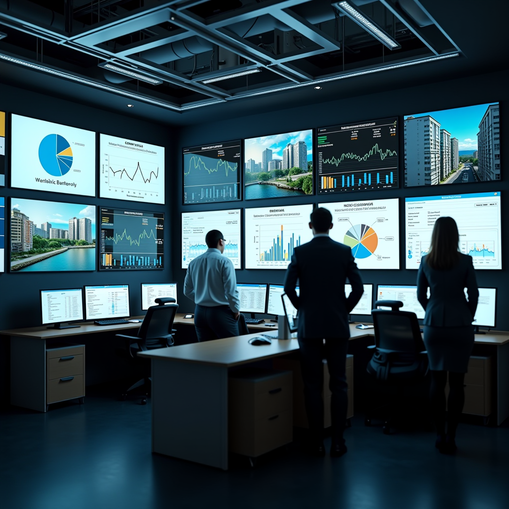 Interior view of a modern building management control room showing multiple screens displaying energy consumption data, climate control systems, and building performance metrics with operators monitoring sustainable building operations