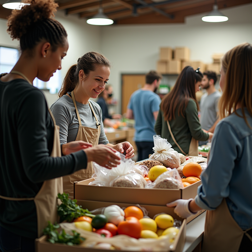 Community volunteers organizing food distribution program at neighborhood center, sorting groceries and essential items, people helping each other, warm community atmosphere