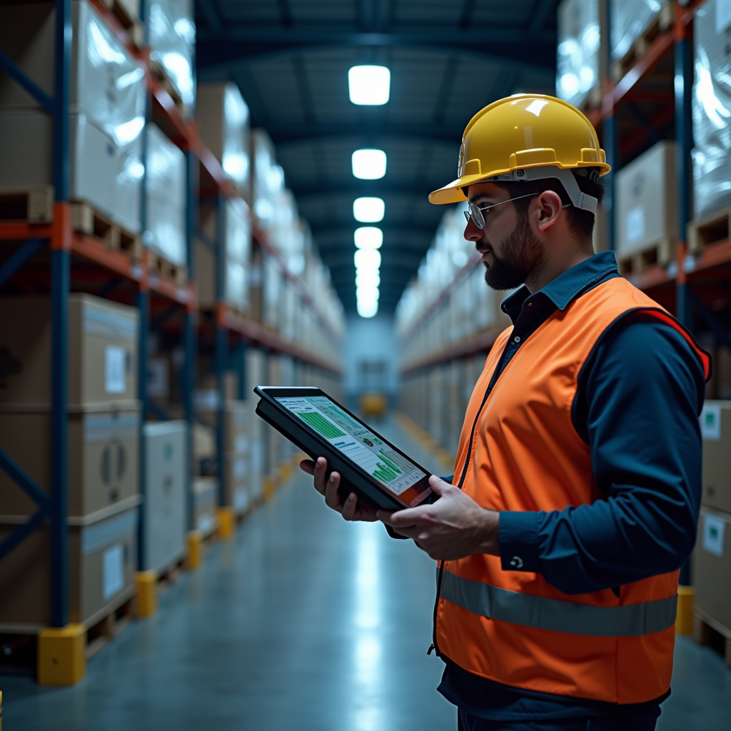 Modern warehouse with automated systems and workers using tablets to manage inventory with digital tracking displays
