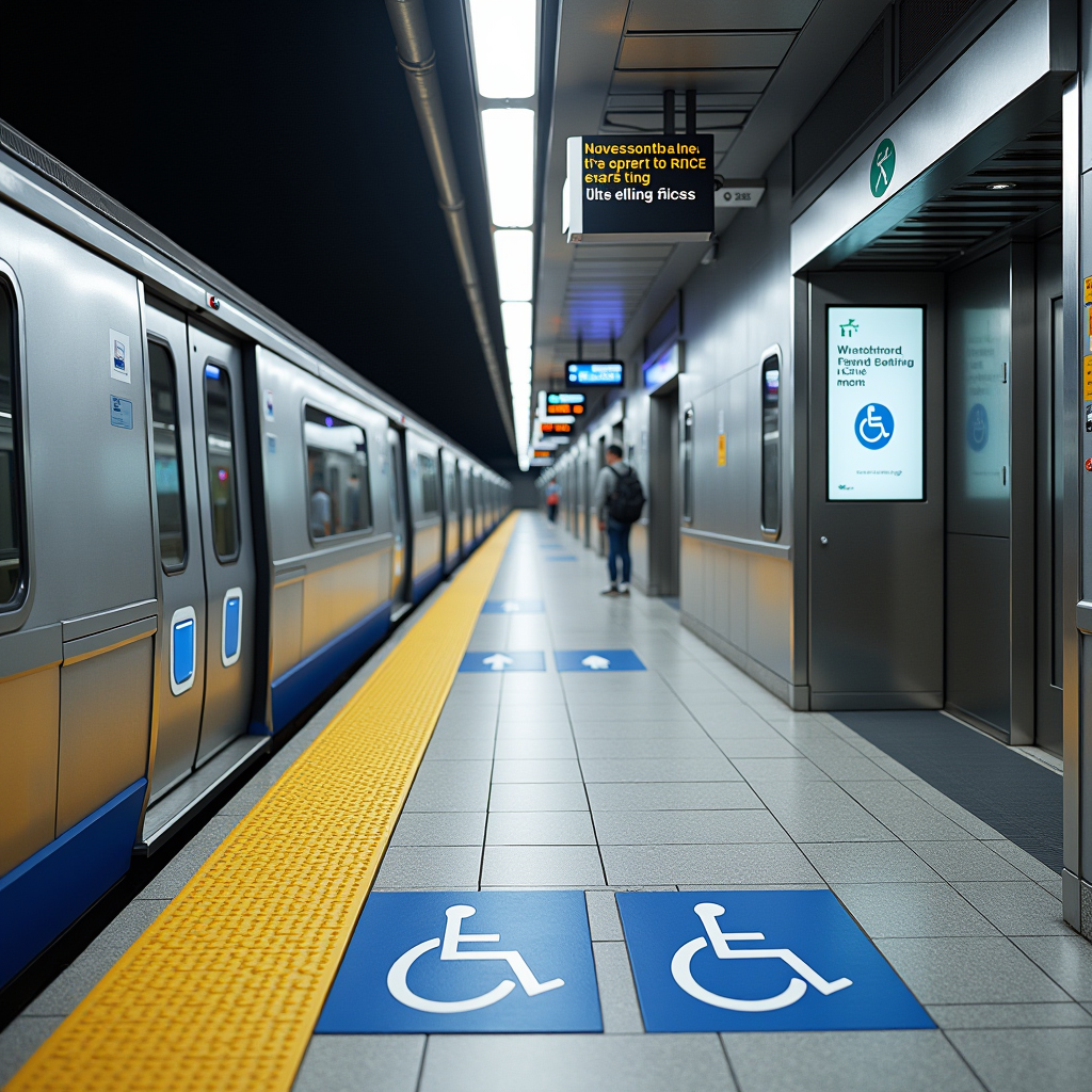 MRT station platform showing accessibility features including tactile paving strips along the platform edge, wheelchair-accessible lift entrance with clear signage, priority seating area marked with blue symbols, and digital information displays at multiple heights for easy viewing by all passengers