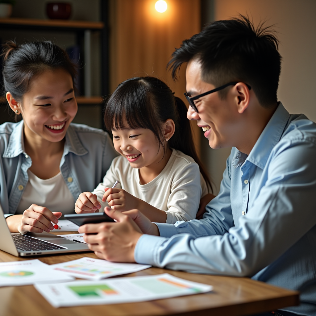 Singapore family sitting together at dining table reviewing household budget, calculator and bills spread out, laptop showing expense tracking app, collaborative planning atmosphere