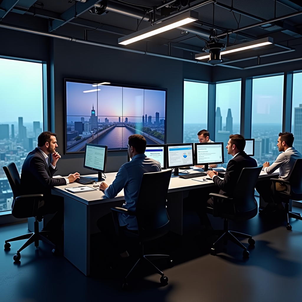 Modern newsroom with journalists working at desks with multiple monitors, collaborative workspace with natural lighting, representing professional news gathering and editorial process